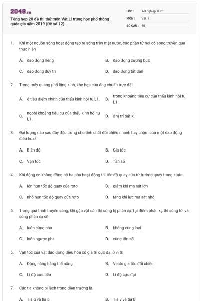 Tổng hợp 20 đề thi thử môn Vật Lí trung học phổ thông quốc gia năm 2019 (Đề số 12)