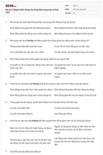Đề số 2 (Quyền bình đẳng của công dân trong một số lĩnh vực)