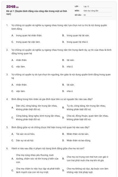 Đề số 1 (Quyền bình đẳng của công dân trong một số lĩnh vực)