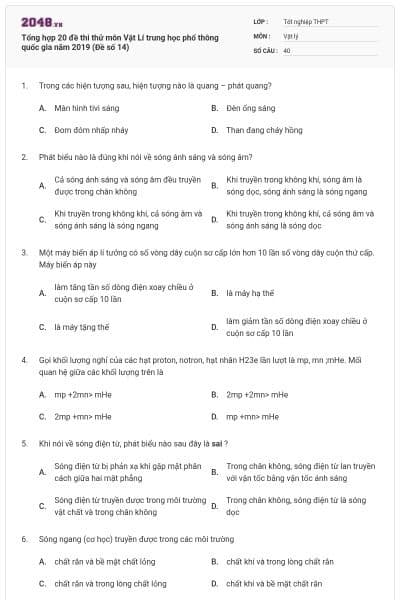 Tổng hợp 20 đề thi thử môn Vật Lí trung học phổ thông quốc gia năm 2019 (Đề số 14)