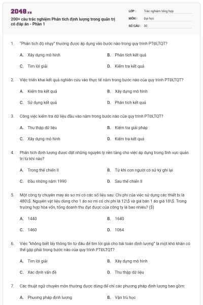 200+ câu trắc nghiệm Phân tích định lượng trong quản trị có đáp án - Phần 1
