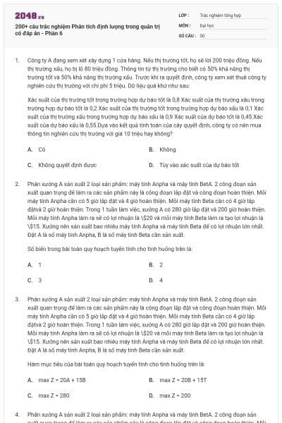 200+ câu trắc nghiệm Phân tích định lượng trong quản trị có đáp án - Phần 6