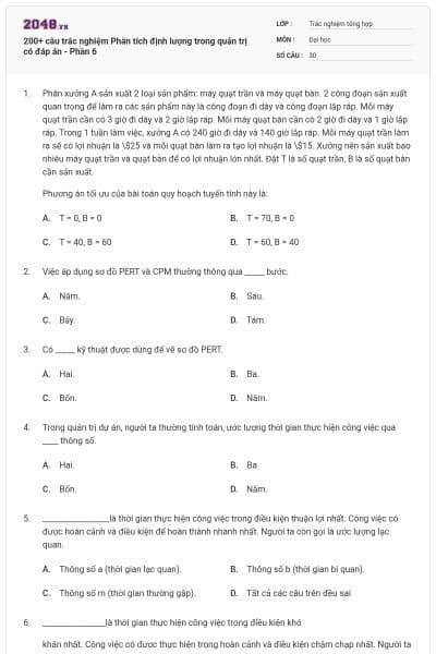 200+ câu trắc nghiệm Phân tích định lượng trong quản trị có đáp án - Phần 6