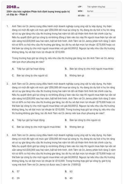 200+ câu trắc nghiệm Phân tích định lượng trong quản trị có đáp án - Phần 8