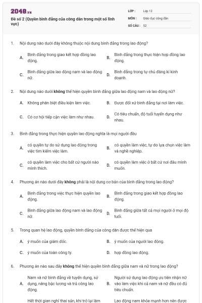 Đề số 2 (Quyền bình đẳng của công dân trong một số lĩnh vực)