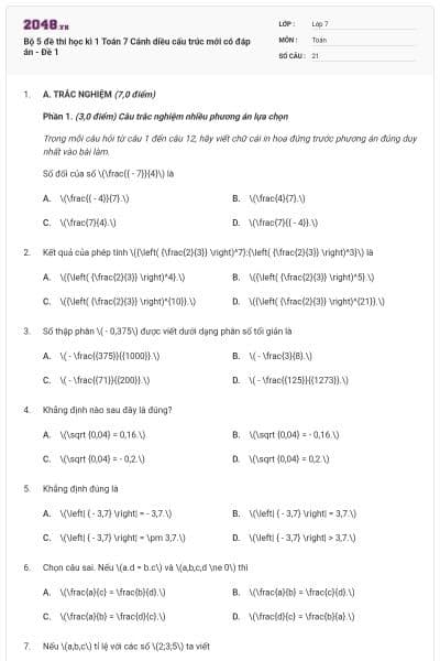 Bộ 5 đề thi học kì 1 Toán 7 Cánh diều cấu trúc mới có đáp án - Đề 1