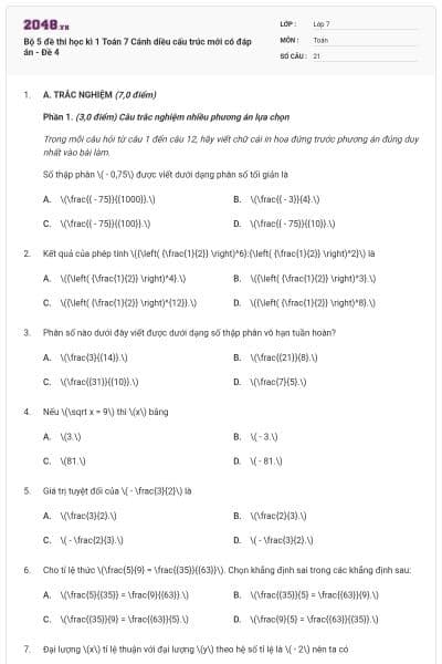 Bộ 5 đề thi học kì 1 Toán 7 Cánh diều cấu trúc mới có đáp án - Đề 4