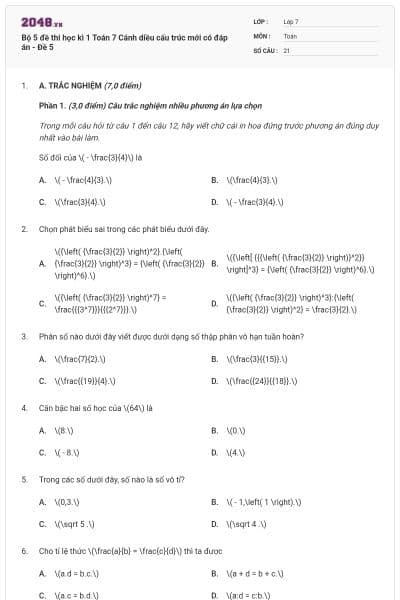 Bộ 5 đề thi học kì 1 Toán 7 Cánh diều cấu trúc mới có đáp án - Đề 5