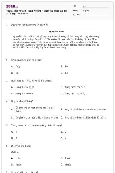 10 câu Trắc nghiệm Tiếng Việt lớp 1 Chân trời sáng tạo Bài 2: Ôn tập 2 có đáp án
