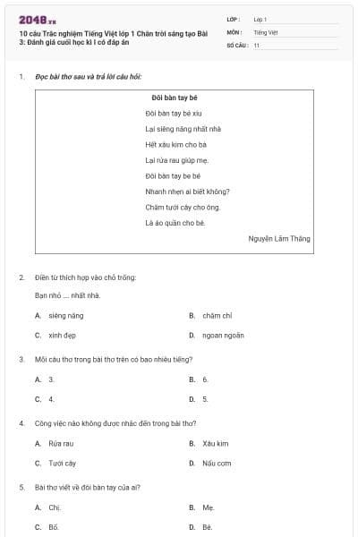 10 câu Trắc nghiệm Tiếng Việt lớp 1 Chân trời sáng tạo Bài 3: Đánh giá cuối học kì I có đáp án