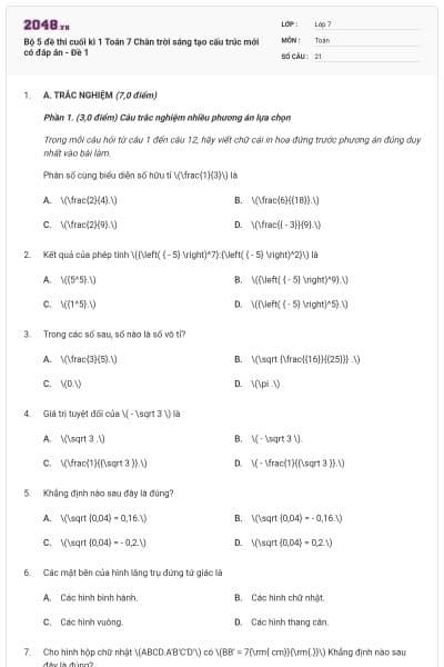 Bộ 5 đề thi cuối kì 1 Toán 7 Chân trời sáng tạo cấu trúc mới có đáp án - Đề 1