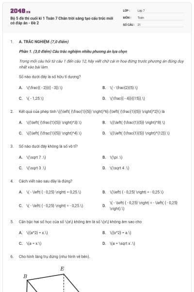 Bộ 5 đề thi cuối kì 1 Toán 7 Chân trời sáng tạo cấu trúc mới có đáp án - Đề 2