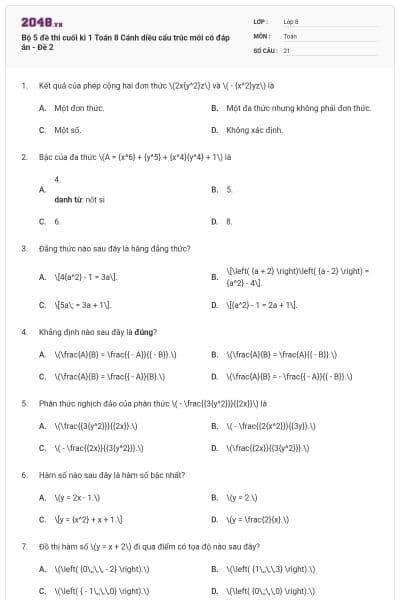 Bộ 5 đề thi cuối kì 1 Toán 8 Cánh diều cấu trúc mới có đáp án - Đề 2