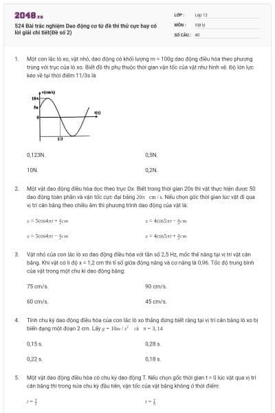 524 Bài trắc nghiệm Dao động cơ từ đề thi thử cực hay có lời giải chi tiết(Đề số 2)