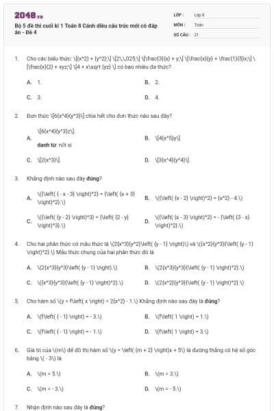 Bộ 5 đề thi cuối kì 1 Toán 8 Cánh diều cấu trúc mới có đáp án - Đề 4