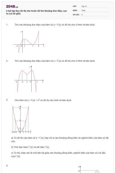 6 bài tập Đọc đồ thị cho trước để tìm khoảng đơn điệu, cực trị (có lời giải)