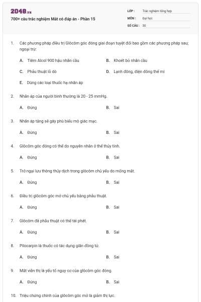 700+ câu trắc nghiệm Mắt có đáp án - Phần 15
