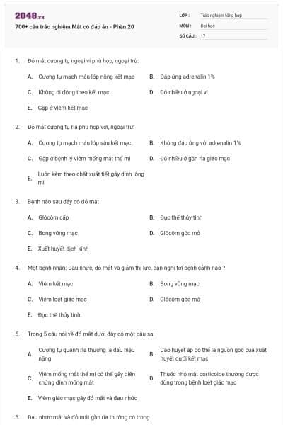 700+ câu trắc nghiệm Mắt có đáp án - Phần 20