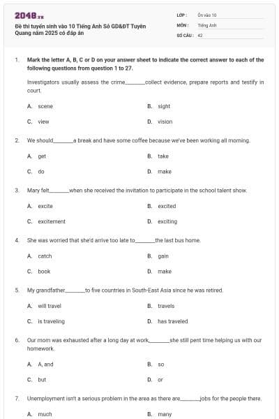 Đề thi tuyển sinh vào 10 Tiếng Anh Sở GD&ĐT Tuyên Quang năm 2025 có đáp án
