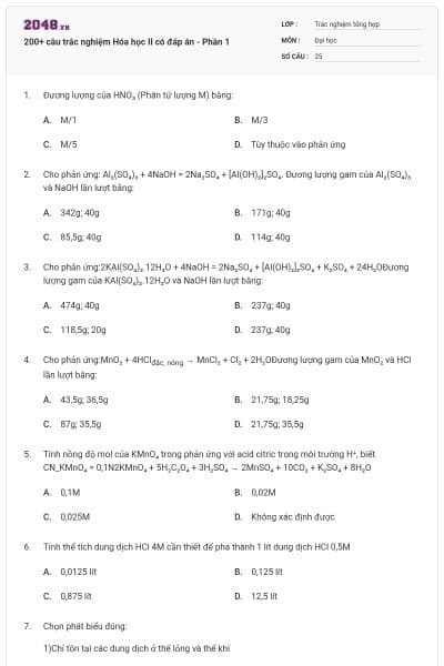 200+ câu trắc nghiệm Hóa học II có đáp án - Phần 1