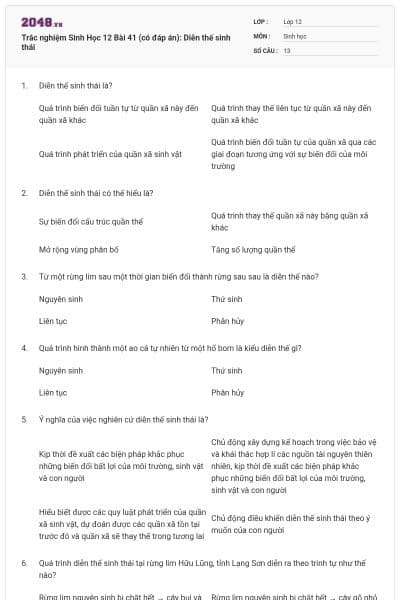 Trắc nghiệm Sinh Học 12 Bài 41 (có đáp án): Diễn thế sinh thái