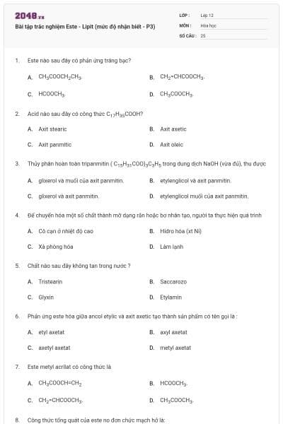 Bài tập trắc nghiệm Este - Lipit (mức độ nhận biết - P3)