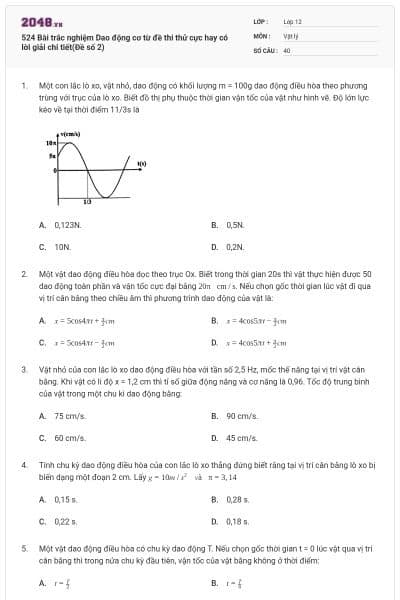 524 Bài trắc nghiệm Dao động cơ từ đề thi thử cực hay có lời giải chi tiết(Đề số 2)