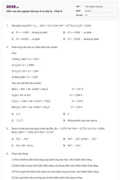 200+ câu trắc nghiệm Hóa học II có đáp án - Phần 8