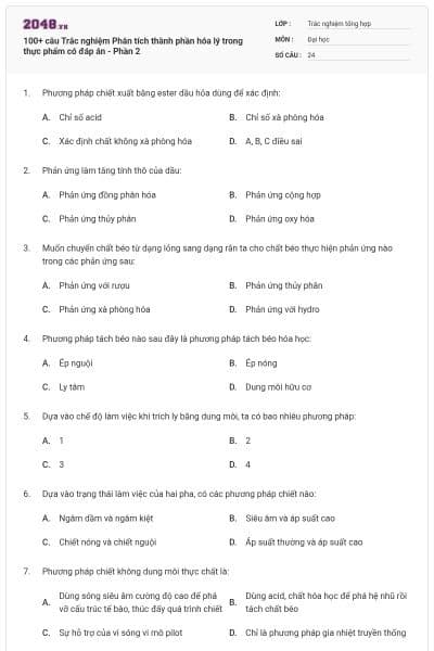 100+ câu Trắc nghiệm Phân tích thành phần hóa lý trong thực phẩm có đáp án - Phần 2