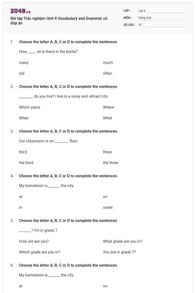Bài tập Trắc nghiệm Unit 4 Vocabulary and Grammar có đáp án