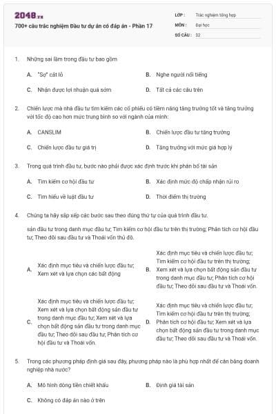 700+ câu trắc nghiệm Đầu tư dự án có đáp án - Phần 17