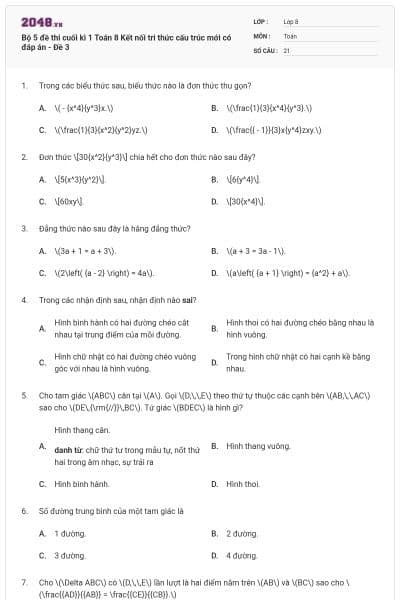 Bộ 5 đề thi cuối kì 1 Toán 8 Kết nối tri thức cấu trúc mới có đáp án - Đề 3