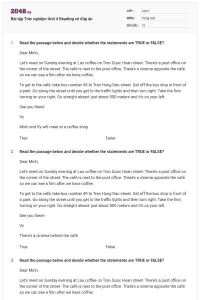 Bài tập Trắc nghiệm Unit 4 Reading có đáp án