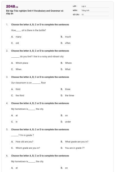 Bài tập Trắc nghiệm Unit 4 Vocabulary and Grammar có đáp án