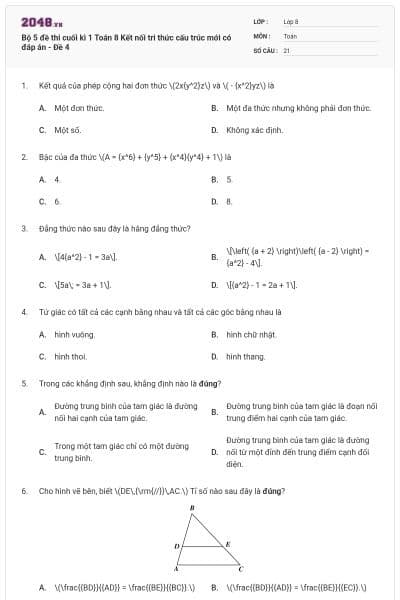 Bộ 5 đề thi cuối kì 1 Toán 8 Kết nối tri thức cấu trúc mới có đáp án - Đề 4