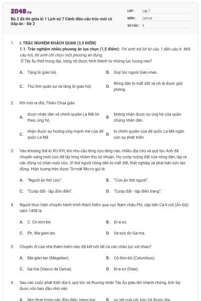 Bộ 2 đề thi giữa kì 1 Lịch sử 7 Cánh diều cấu trúc mới có đáp án - Đề 2