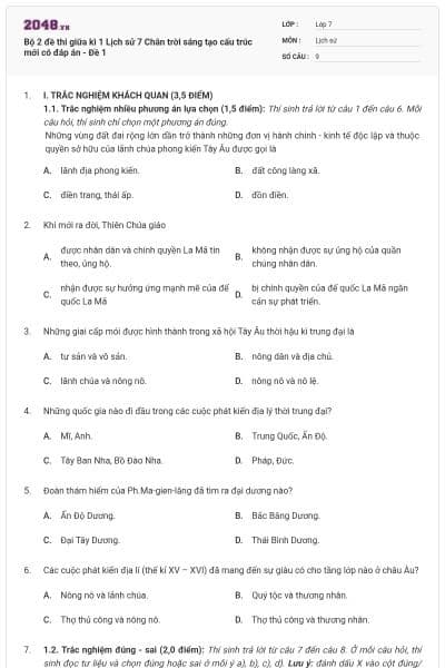Bộ 2 đề thi giữa kì 1 Lịch sử 7 Chân trời sáng tạo cấu trúc mới có đáp án - Đề 1