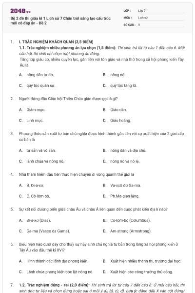 Bộ 2 đề thi giữa kì 1 Lịch sử 7 Chân trời sáng tạo cấu trúc mới có đáp án - Đề 2