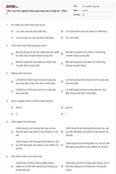 100+ câu trắc nghiệm Bơm quạt máy nén có đáp án - Phần 1