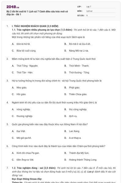 Bộ 2 đề thi cuối kì 1 Lịch sử 7 Cánh diều cấu trúc mới có đáp án - Đề 1