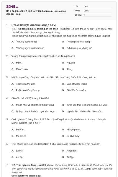 Bộ 2 đề thi cuối kì 1 Lịch sử 7 Cánh diều cấu trúc mới có đáp án - Đề 2