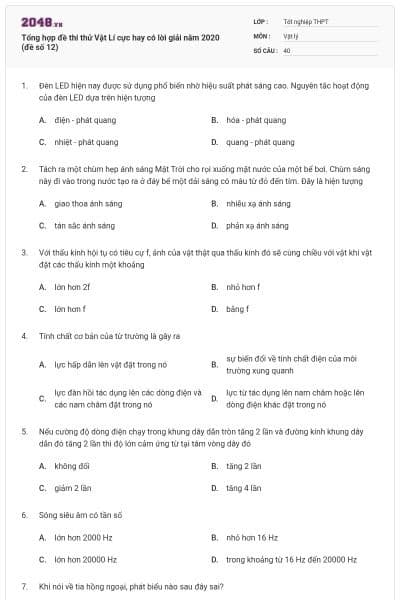 Tổng hợp đề thi thử Vật Lí cực hay có lời giải năm 2020 (đề số 12)