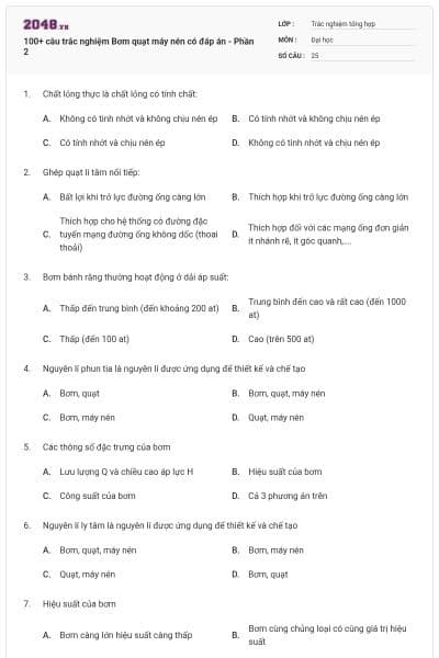 100+ câu trắc nghiệm Bơm quạt máy nén có đáp án - Phần 2