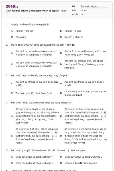 100+ câu trắc nghiệm Bơm quạt máy nén có đáp án - Phần 3