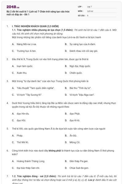 Bộ 2 đề thi cuối kì 1 Lịch sử 7 Chân trời sáng tạo cấu trúc mới có đáp án - Đề 1