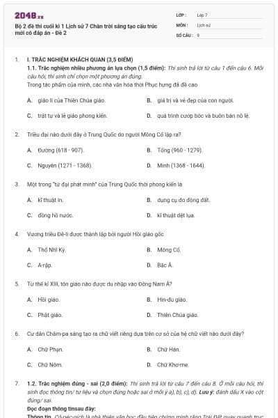 Bộ 2 đề thi cuối kì 1 Lịch sử 7 Chân trời sáng tạo cấu trúc mới có đáp án - Đề 2
