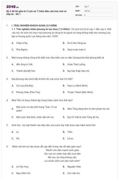 Bộ 2 đề thi giữa kì 2 Lịch sử 7 Cánh diều cấu trúc mới có đáp án - Đề 1