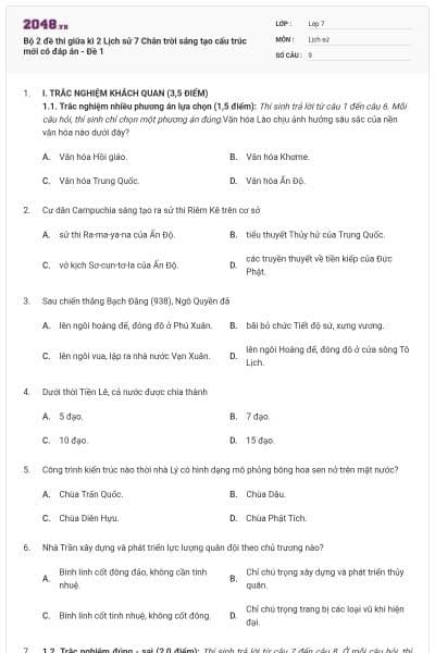 Bộ 2 đề thi giữa kì 2 Lịch sử 7 Chân trời sáng tạo cấu trúc mới có đáp án - Đề 1