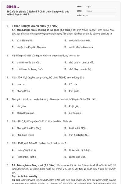 Bộ 2 đề thi giữa kì 2 Lịch sử 7 Chân trời sáng tạo cấu trúc mới có đáp án - Đề 2