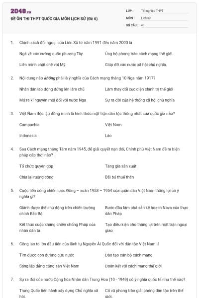 ĐỀ ÔN THI THPT QUỐC GIA MÔN LỊCH SỬ (Đề 6)